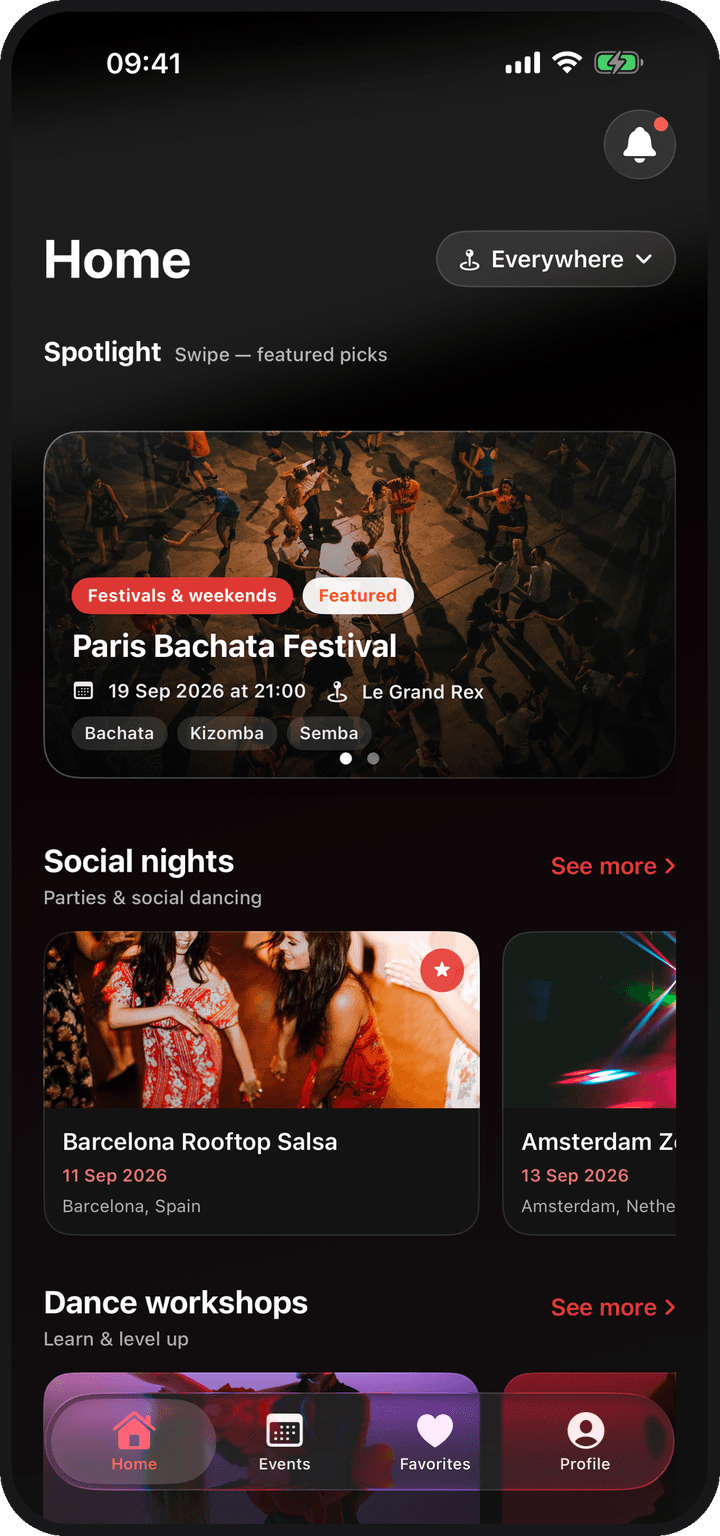 The Dance Addict home screen, showing featured events