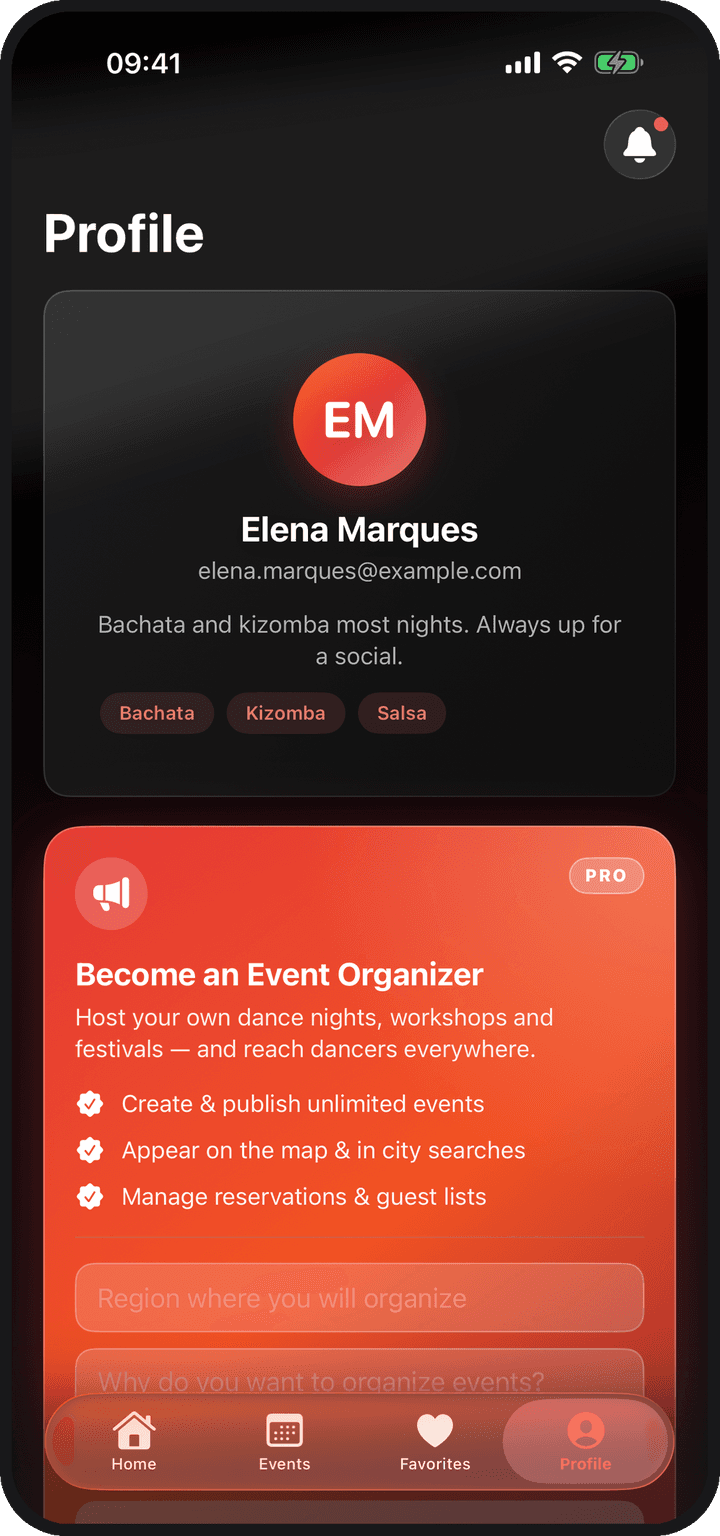 The organizer profile screen